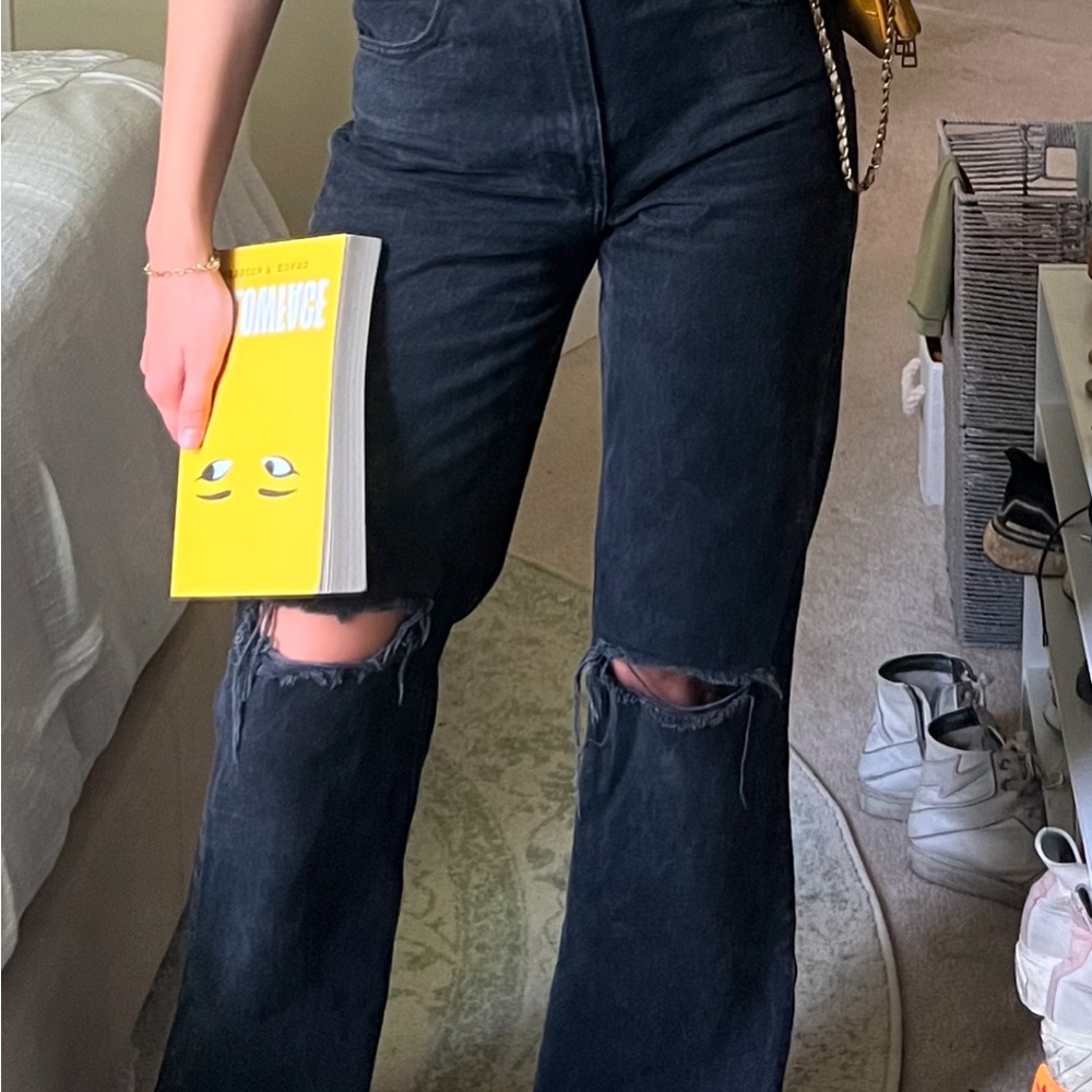 Zara Black Flare Wide Leg Jeans with Distressed Knees